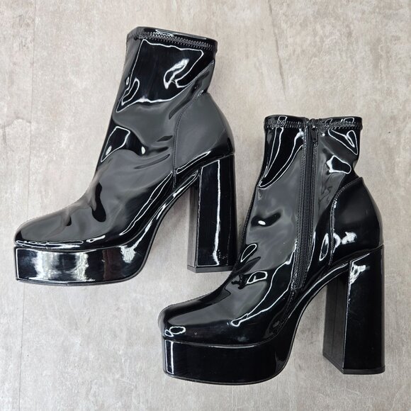 Steve Madden Platform Boots 10 Black Patent Y2k Chunky Block Heel Go Go Booties - Picture 6 of 11